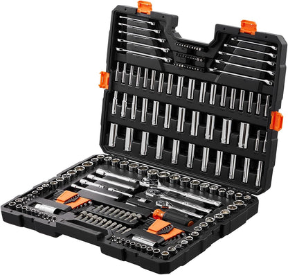 Mechanics Tool Set, 205 Pcs SAE and Metric Sockets, 1/4" 3/8" 1/2" Drive Deep and Standard Sockets, Chrome Vanadium Steel, Polyethylene