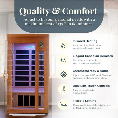 Barcelona 1- to 2-Person Low EMF FAR Infrared Sauna with Red Light Therapy & Bluetooth Speakers | Personal Indoor Dry Heat Sauna for Home & Gym – Made from Canadian Hemlock