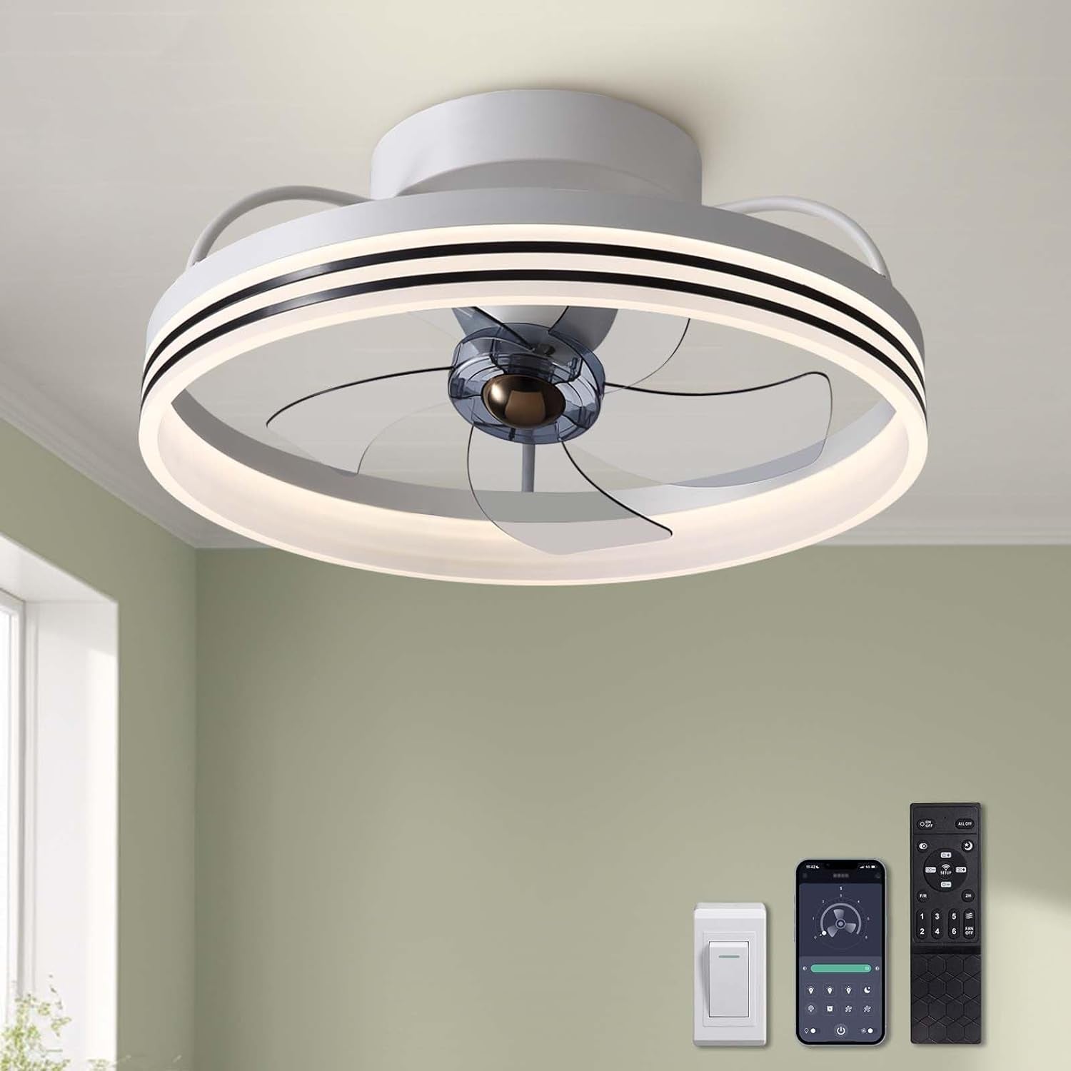 Ceiling Fans with Lights, Flush Mount Ceiling Fan with Lights and Remote, 6 Wind Speeds Smart Low Profile Ceiling Fan for Bedroom, Kids Room and Living Room 20" (Black)