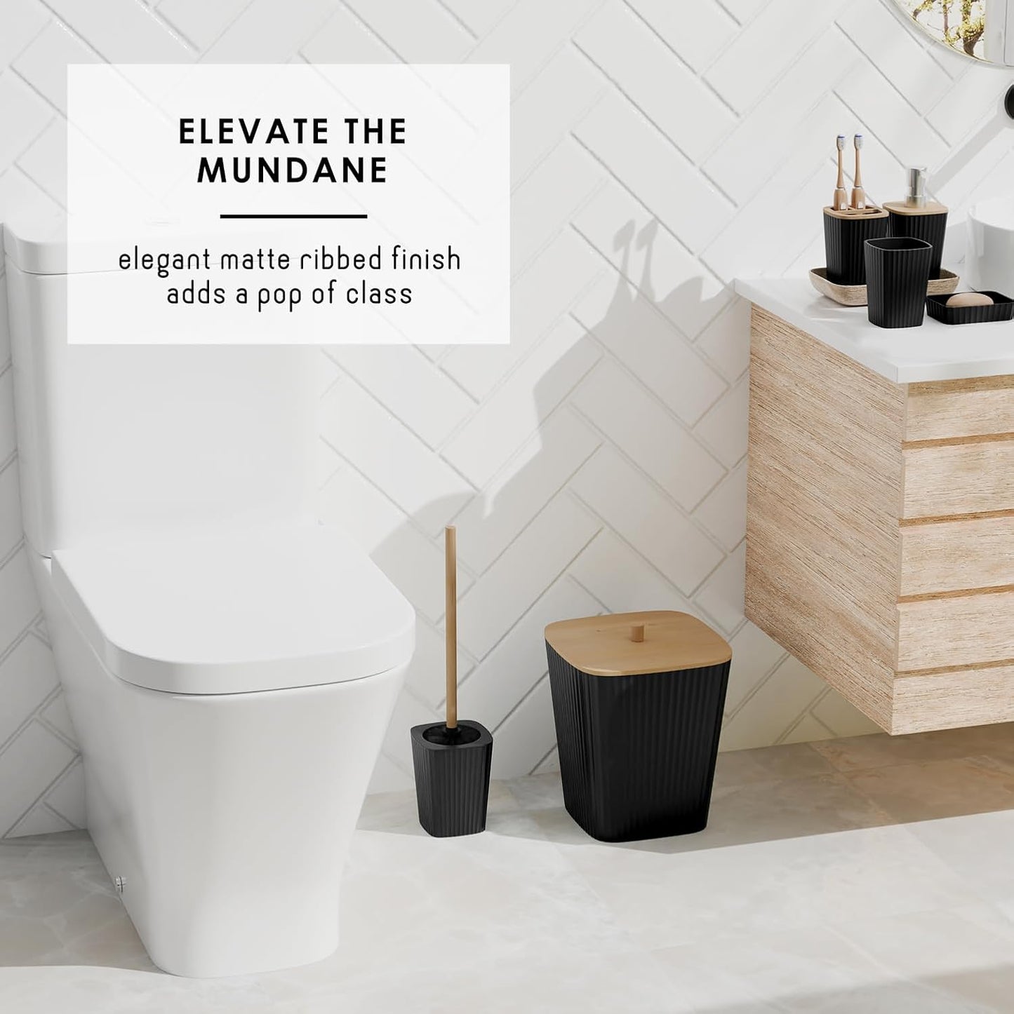 Bathroom Accessories Set - Bathroom Set, Bathroom Accessory Set, Shower Curtain Set, Toilet Brush, Trash Can & Soap Dispenser - Black - 20PC