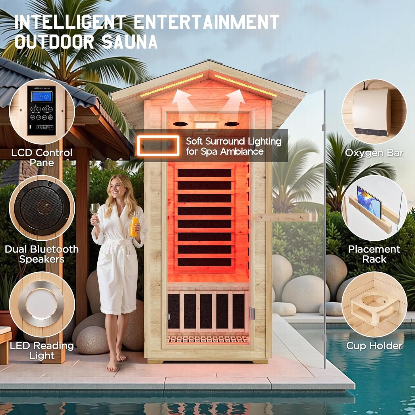 Outdoor Sauna 1 Person, Infrared Saunas for Home, Low EMF 1245W/110V Spruce Wood Dry Sauna with Tourmaline Stone Foot Warmer, 7-Color Light Therapy & 2 Bluetooth Speakers, 33.5"X35.4"X78.7"