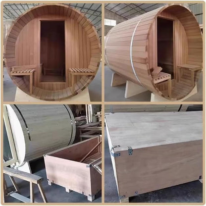 Wooden Steam Sauna Room with Panoramic View, Canadian Red Cedar Traditional Outdoor Barrel Wood Burning Sauna with Porch, Wood-Fired Stove with Chimney Kit, Wood Shingles, 6-8 Person
