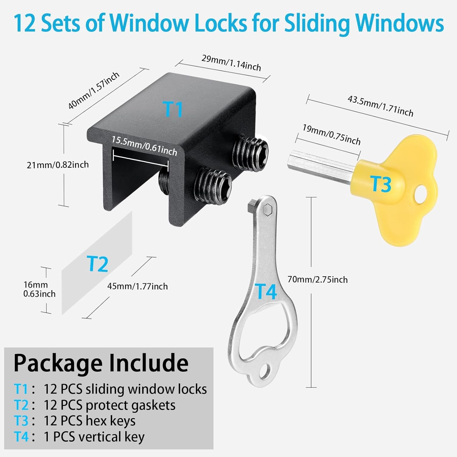 Window Locks,12 Pack Sliding Window Locks with Key for Vertical & Horizontal Sliding Windows Doors,Easv to Install,Adjustable Security Window Lock for Patio Bedroom Home and Office (Black)