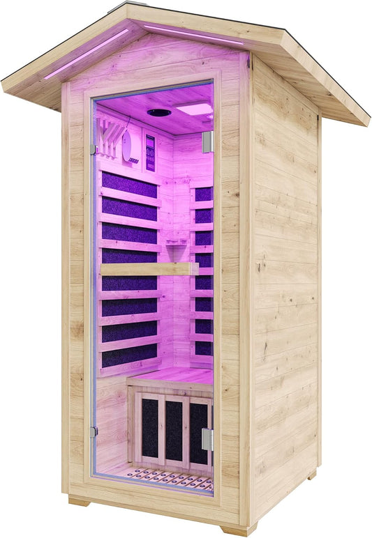 Outdoor Sauna 1 Person, Infrared Saunas for Home, Low EMF 1245W/110V Spruce Wood Dry Sauna with Tourmaline Stone Foot Warmer, 7-Color Light Therapy & 2 Bluetooth Speakers, 33.5"X35.4"X78.7"