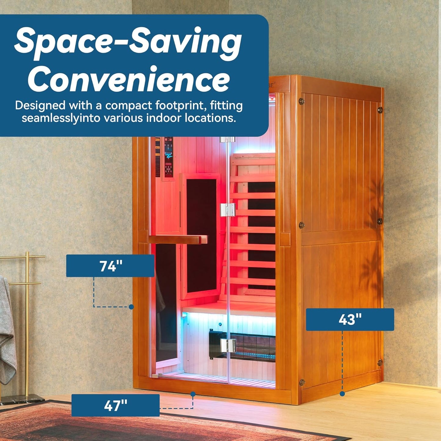 Infrared Home Sauna Room 2 Person Hemlock Wooden Indoor Sauna with 7 Carbon Heaters, Red Light Therapy, Bluetooth Speaker, Intelligent Control Panel, Tempered Glass & Top Vent