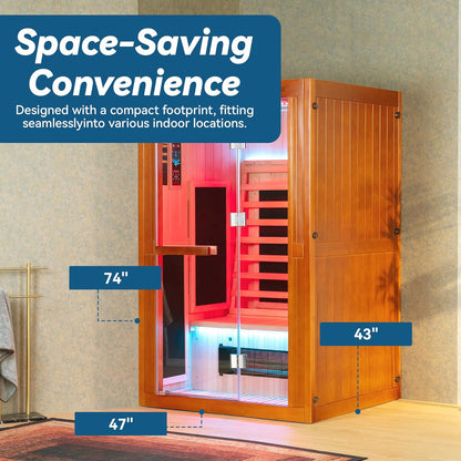 Infrared Home Sauna Room 2 Person Hemlock Wooden Indoor Sauna with 7 Carbon Heaters, Red Light Therapy, Bluetooth Speaker, Intelligent Control Panel, Tempered Glass & Top Vent