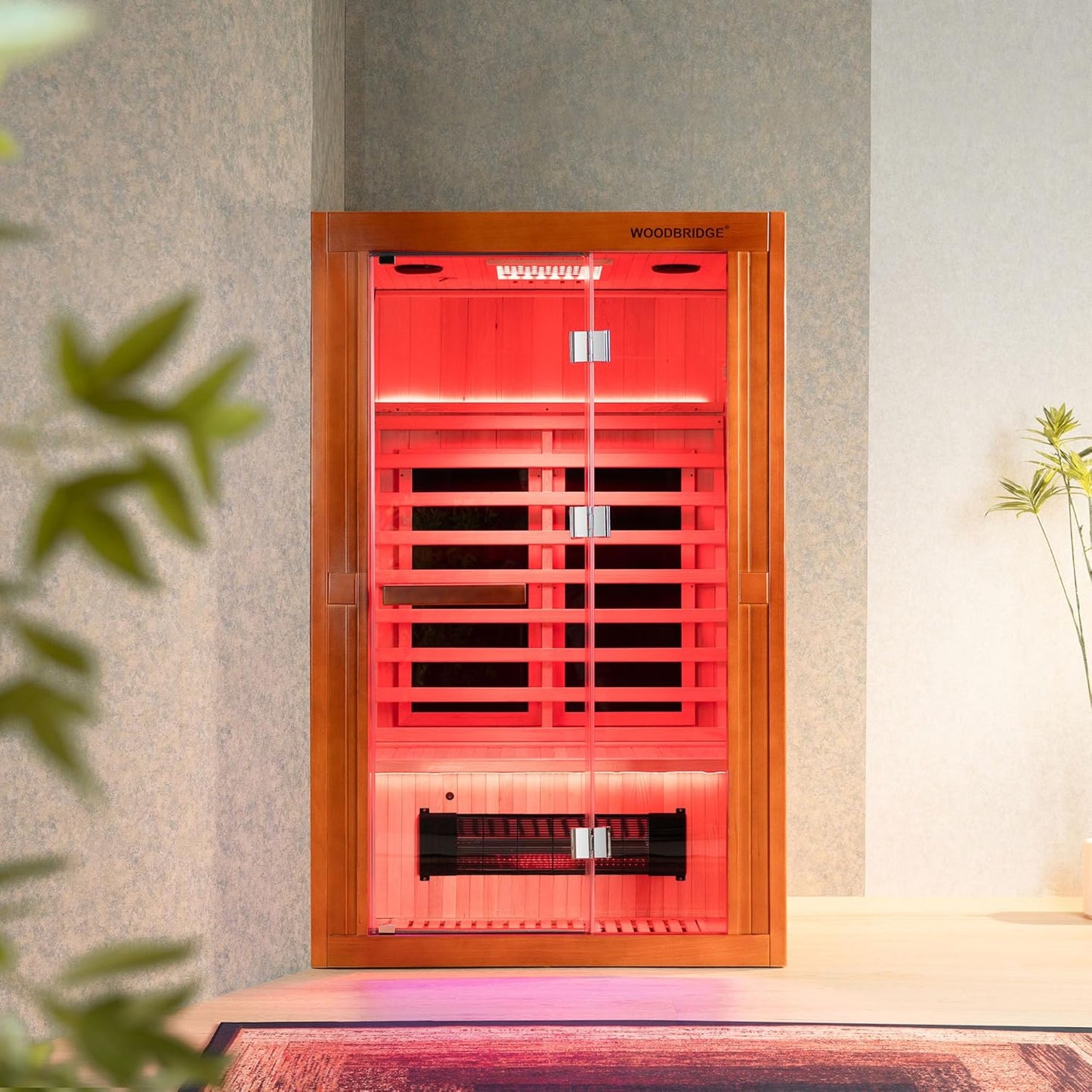 Infrared Home Sauna Room 2 Person Hemlock Wooden Indoor Sauna with 7 Carbon Heaters, Red Light Therapy, Bluetooth Speaker, Intelligent Control Panel, Tempered Glass & Top Vent