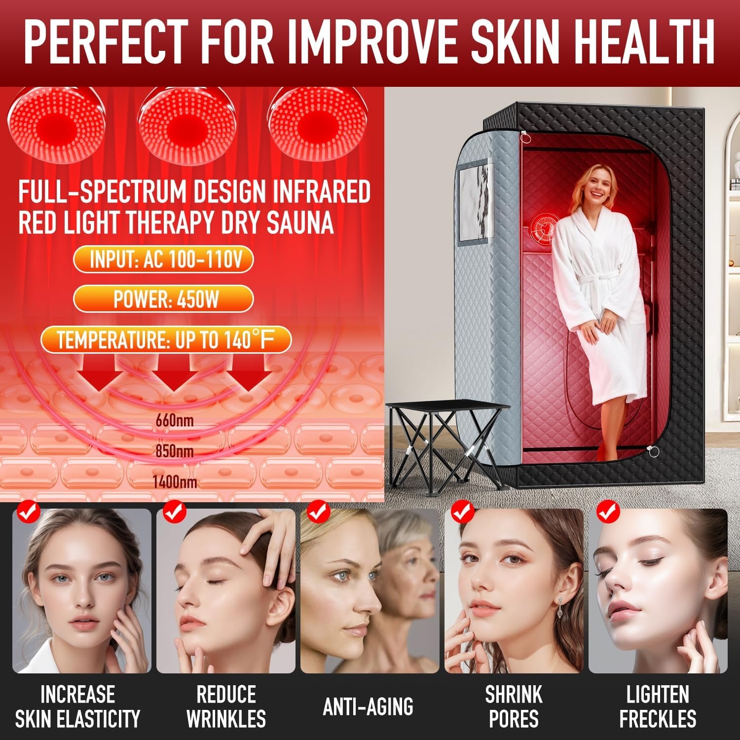 Infrared Sauna Dry Heat Sauna with 660Nm 850Nm Infrared Red Light Therapy High Power Heating Lamp, Portable Sauna Home Sauna Personal Indoor Sauna Box Sauna Tent