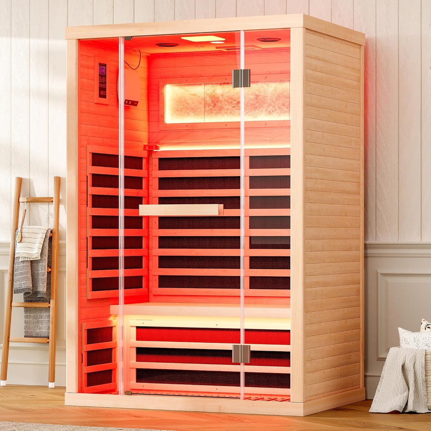 Outdoor Sauna 1 Person, Infrared Saunas for Home, Low EMF 1245W/110V Spruce Wood Dry Sauna with Tourmaline Stone Foot Warmer, 7-Color Light Therapy & 2 Bluetooth Speakers, 33.5"X35.4"X78.7"