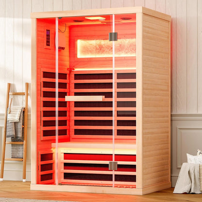 Outdoor Sauna 1 Person, Infrared Saunas for Home, Low EMF 1245W/110V Spruce Wood Dry Sauna with Tourmaline Stone Foot Warmer, 7-Color Light Therapy & 2 Bluetooth Speakers, 33.5"X35.4"X78.7"