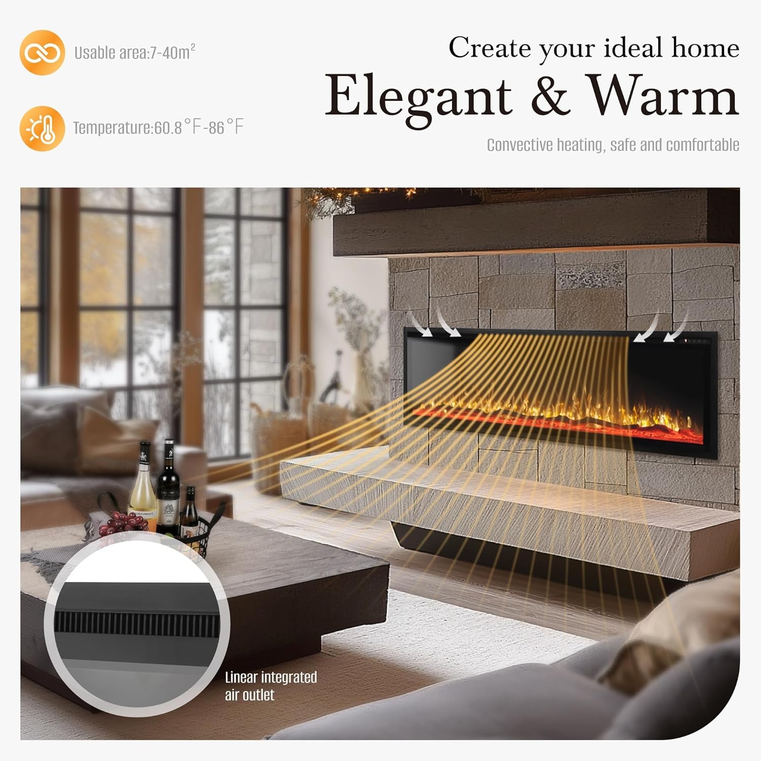 60 Inch Electric Fireplace Wall Mounted, Fireplace Heater with Remote Control, Ultra Narrow Bezel for Living Room
