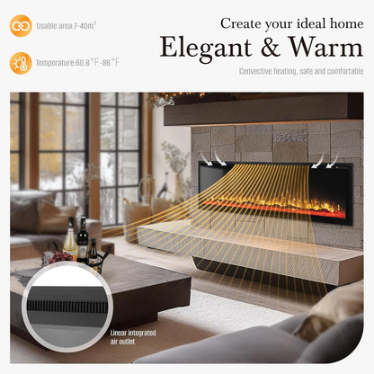 60 Inch Electric Fireplace Wall Mounted, Fireplace Heater with Remote Control, Ultra Narrow Bezel for Living Room