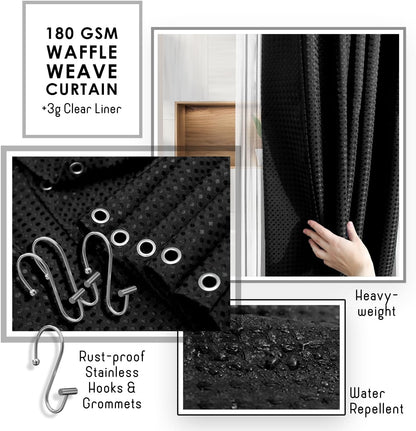 Bathroom Accessories Set - Bathroom Set, Bathroom Accessory Set, Shower Curtain Set, Toilet Brush, Trash Can & Soap Dispenser - Black - 20PC