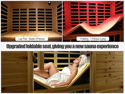 Outdoor Sauna 3 Person Infrared Sauna, Infrared Saunas for Home, 1950W Low EMF Far Infrared Sauna Old Fir Wooden Sauna with Beauty Red Light, Foldable Seat, Bluetooth, Chromotherapy Lamp, 20Amps