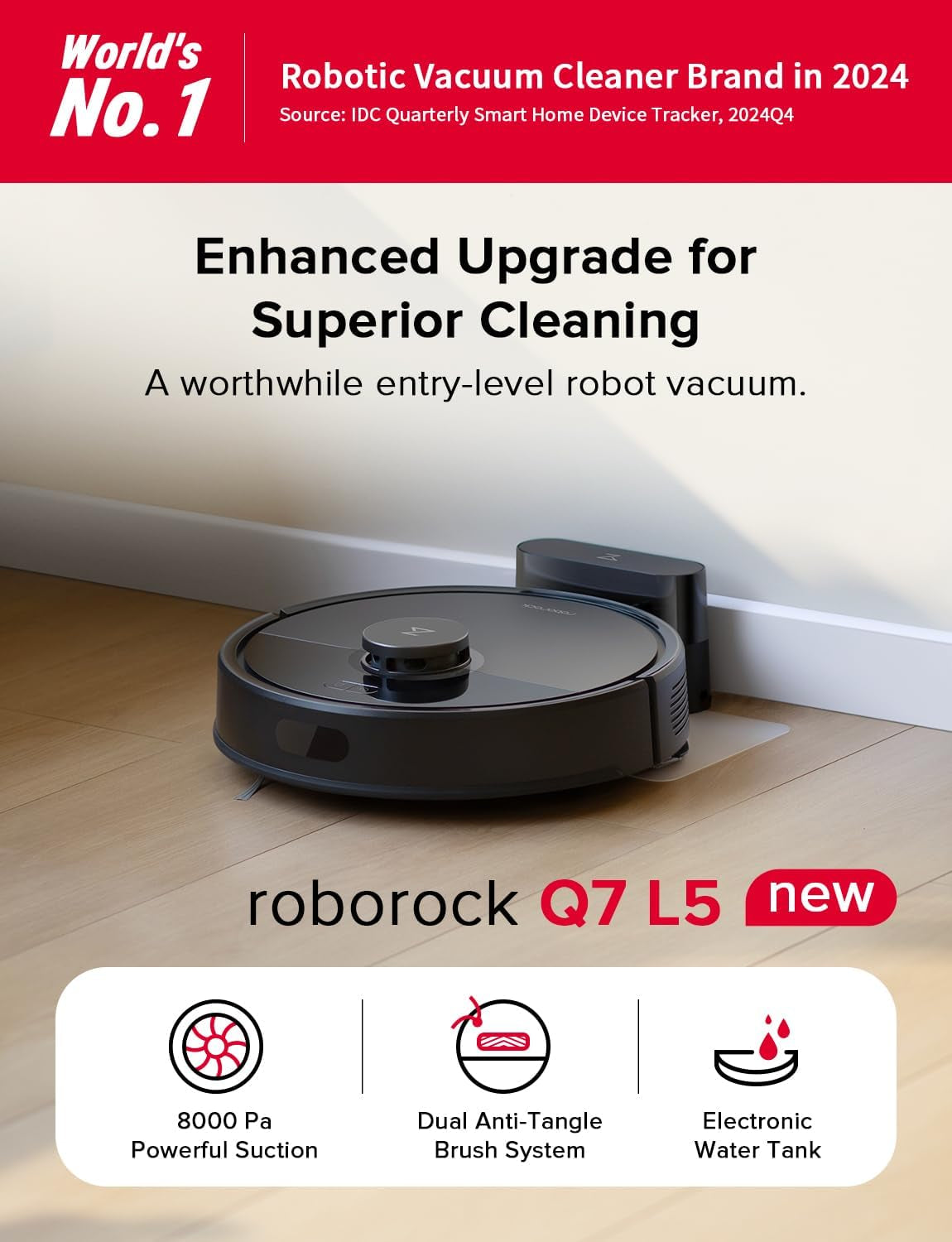Q7 L5 Robot Vacuum and Mop Combo, 8,000Pa Suction, Upgraded from Q5 Pro, Dual Anti-Tangle System, Lidar Navigation, Multi-Level Mapping, Self-Charging Robotic Vacuum Cleaner, Black