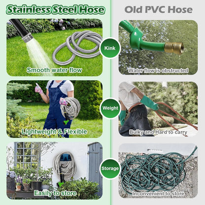 Garden Hose 75FT, 10 Pattern Thumb Spray Nozzle, No-Kink Flexible 304 Stainless Steel Water Hose, Lightweight Leak & Rust Proof Water Hose for Yard, Outdoor, 3/4" Swivel Connectors
