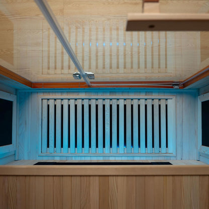 Infrared Home Sauna Room 2 Person Hemlock Wooden Indoor Sauna with 7 Carbon Heaters, Red Light Therapy, Bluetooth Speaker, Intelligent Control Panel, Tempered Glass & Top Vent
