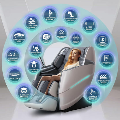 4D Massage Chair Full Body Zero Gravity Recliner - 55“ Sl-Track,20 Auto Modes,11 Massage Technique,40 Airbags Massage,With Yoga Stretch,App Control,Negative Oxygen Lons（Grey）