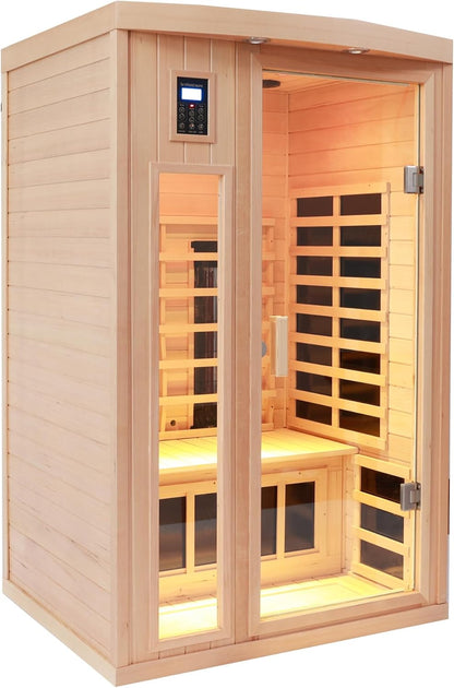 Two Person Hemlock Far Infrared Heating Sauna with Reading Lights + Colored Lights + Bluetooth + External Lights