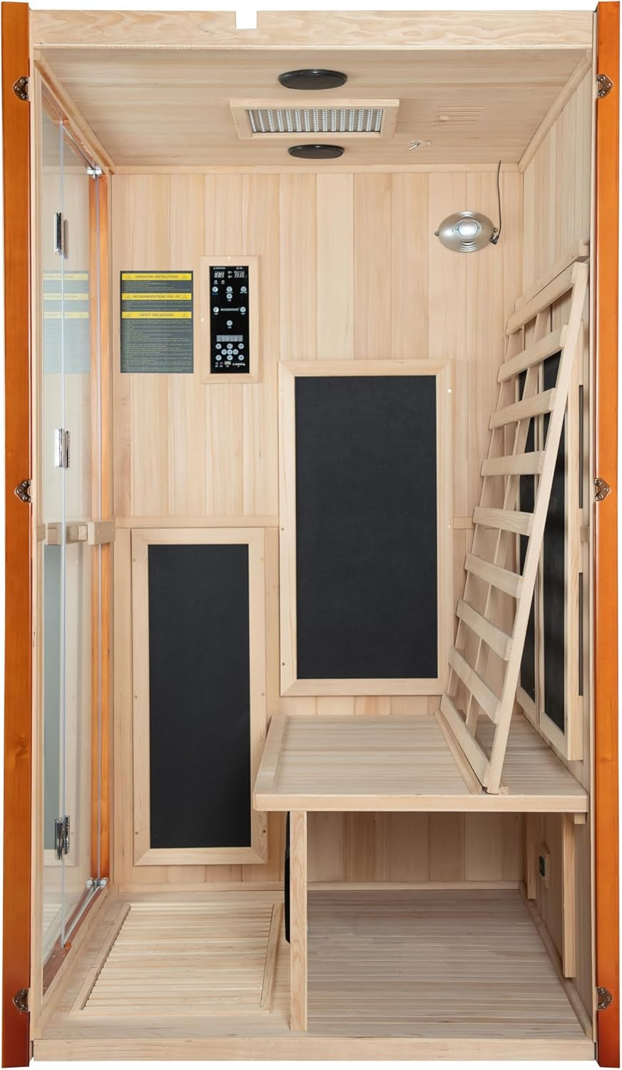 Infrared Home Sauna Room 2 Person Hemlock Wooden Indoor Sauna with 7 Carbon Heaters, Red Light Therapy, Bluetooth Speaker, Intelligent Control Panel, Tempered Glass & Top Vent