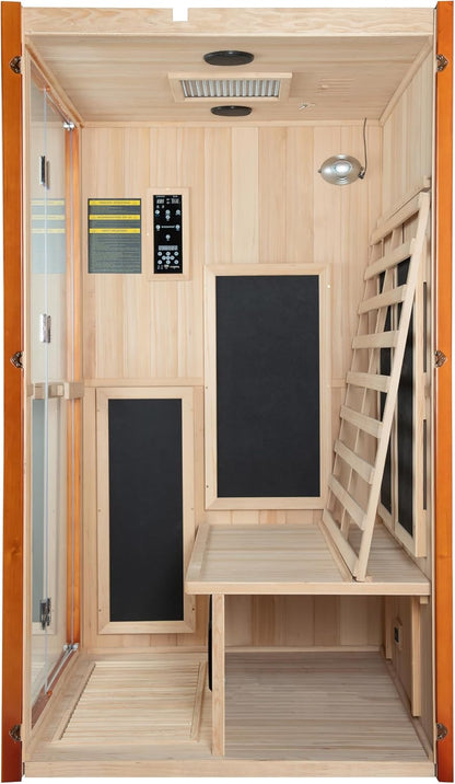 Infrared Home Sauna Room 2 Person Hemlock Wooden Indoor Sauna with 7 Carbon Heaters, Red Light Therapy, Bluetooth Speaker, Intelligent Control Panel, Tempered Glass & Top Vent