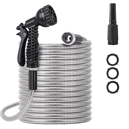 Garden Hose 100 FT,304 Stainless Steel Heavy Duty Water Hose with 7 Function Nozzles No-Kink Rust Proof for Yard Outdoor