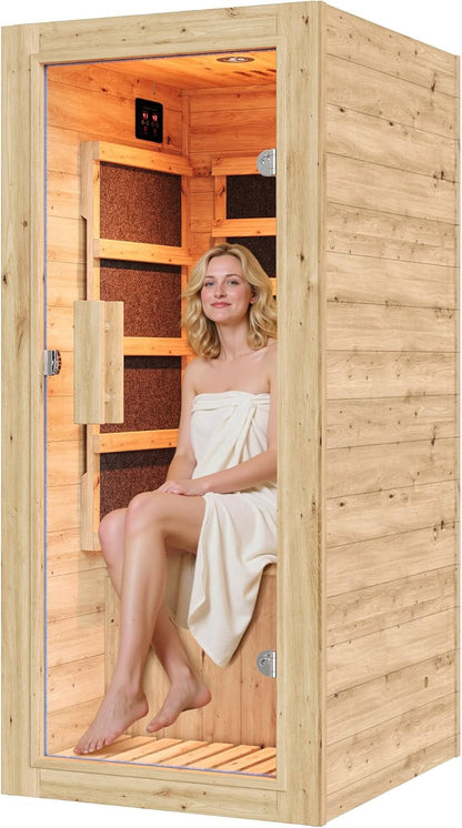 Outdoor Sauna 1 Person, Infrared Saunas for Home, Low EMF 1245W/110V Spruce Wood Dry Sauna with Tourmaline Stone Foot Warmer, 7-Color Light Therapy & 2 Bluetooth Speakers, 33.5"X35.4"X78.7"