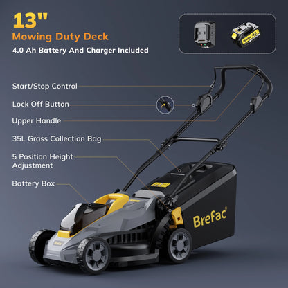 20V 13'' Cordless Lawn Mower - Versatile Grass Cutter with 4.0Ah Battery, 5 Height Settings & Durable Blades for Effortless Lawn Care