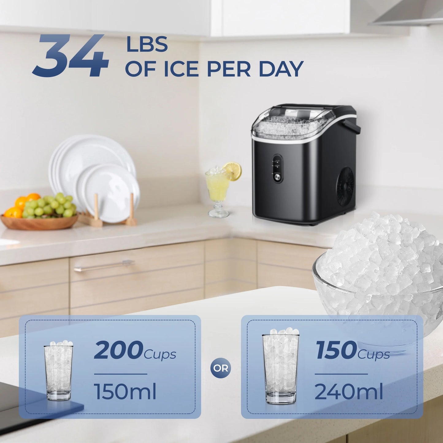 35Lbs/24H Nugget Ice Maker Countertop,Portable Ice Maker Machine with Auto-Cleaning, Black