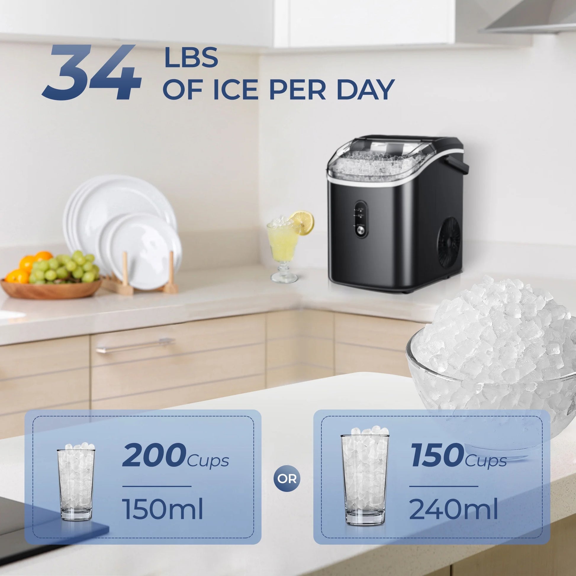 35Lbs/24H Nugget Ice Maker Countertop,Portable Ice Maker Machine with Auto-Cleaning, Black
