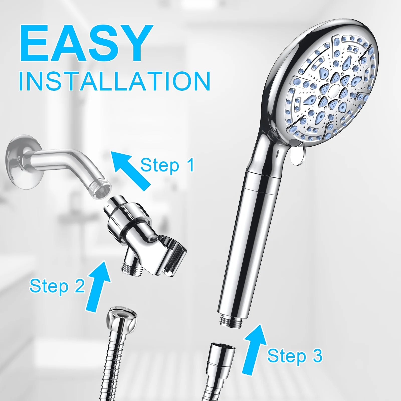 9 Setting Handheld Shower Head,High Pressure Shower Head with Filter, Hard Water Softener with 70" Hose Extension Spray Nozzle Shower,Silver