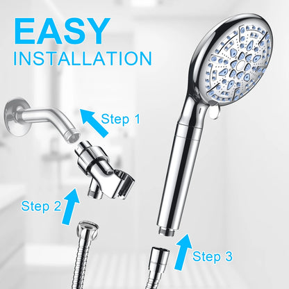 9 Setting Handheld Shower Head,High Pressure Shower Head with Filter, Hard Water Softener with 70" Hose Extension Spray Nozzle Shower,Silver