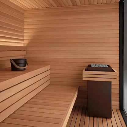 Modern Outdoor Cabin Sauna Kit, Glass Front Panel, Cedar Interior, Weather-Resistant Black Exterior