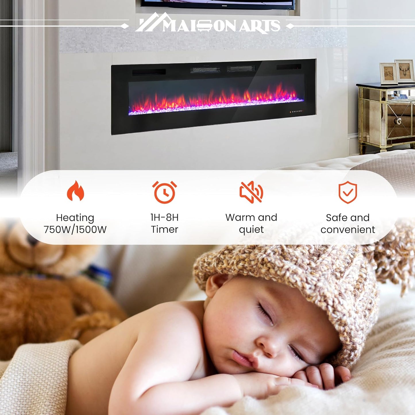 72 Inch Electric Fireplace, Recessed and Wall Mounted Electric Fireplace Heater, Linear Fireplace with Remote Control & Touch Screen, Thermostat, Timer, Adjustable Flame Color, 750/1500W