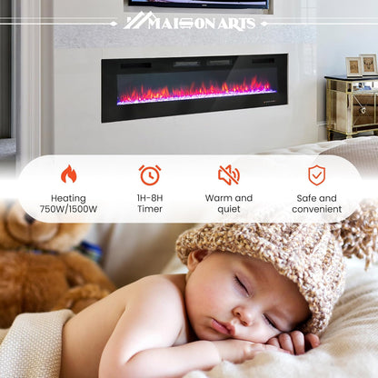 72 Inch Electric Fireplace, Recessed and Wall Mounted Electric Fireplace Heater, Linear Fireplace with Remote Control & Touch Screen, Thermostat, Timer, Adjustable Flame Color, 750/1500W