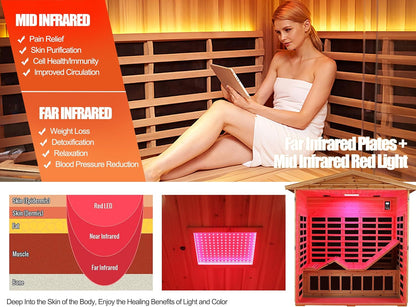 Outdoor Sauna 3 Person Infrared Sauna, Infrared Saunas for Home, 1950W Low EMF Far Infrared Sauna Old Fir Wooden Sauna with Beauty Red Light, Foldable Seat, Bluetooth, Chromotherapy Lamp, 20Amps