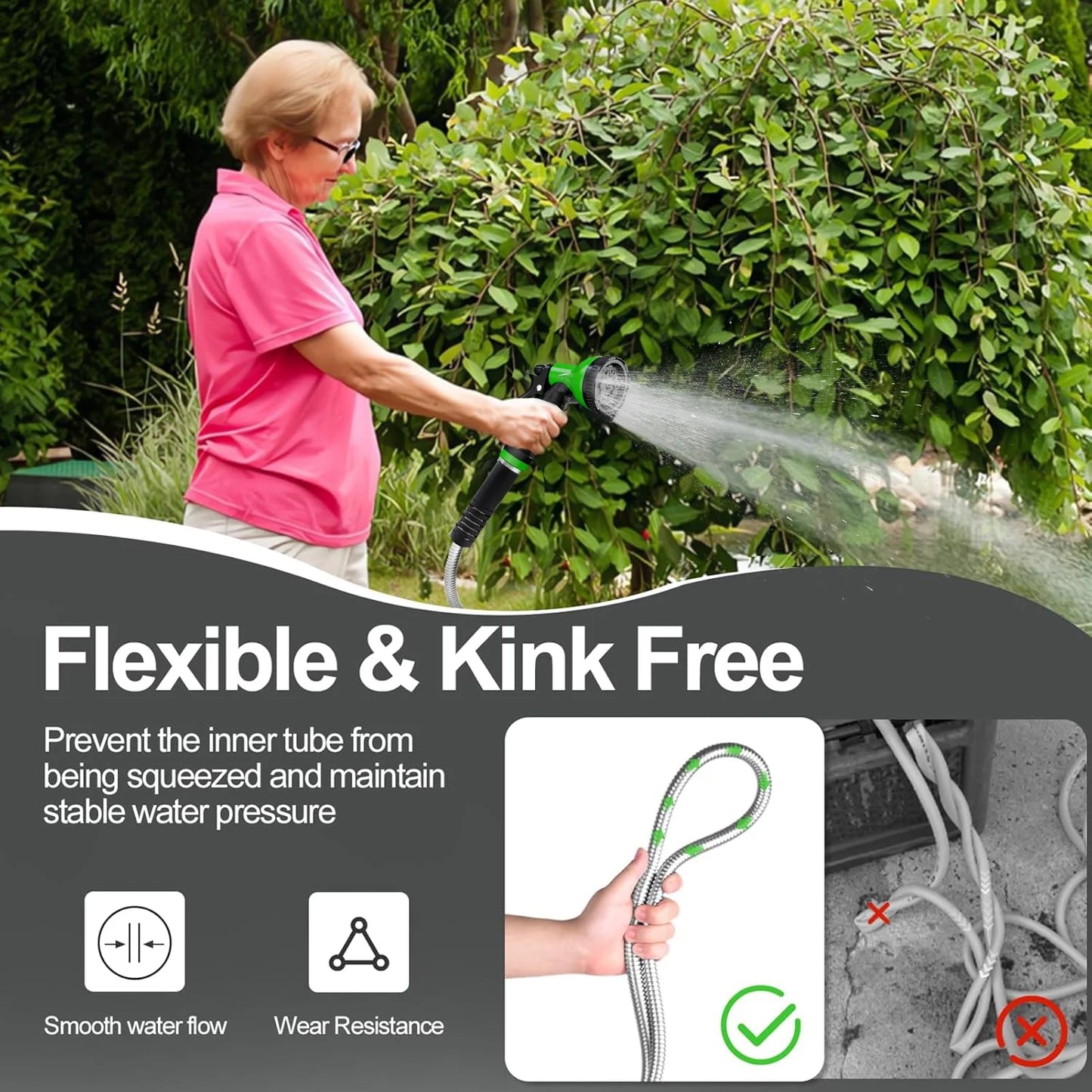 Garden Hose 75FT, 10 Pattern Thumb Spray Nozzle, No-Kink Flexible 304 Stainless Steel Water Hose, Lightweight Leak & Rust Proof Water Hose for Yard, Outdoor, 3/4" Swivel Connectors