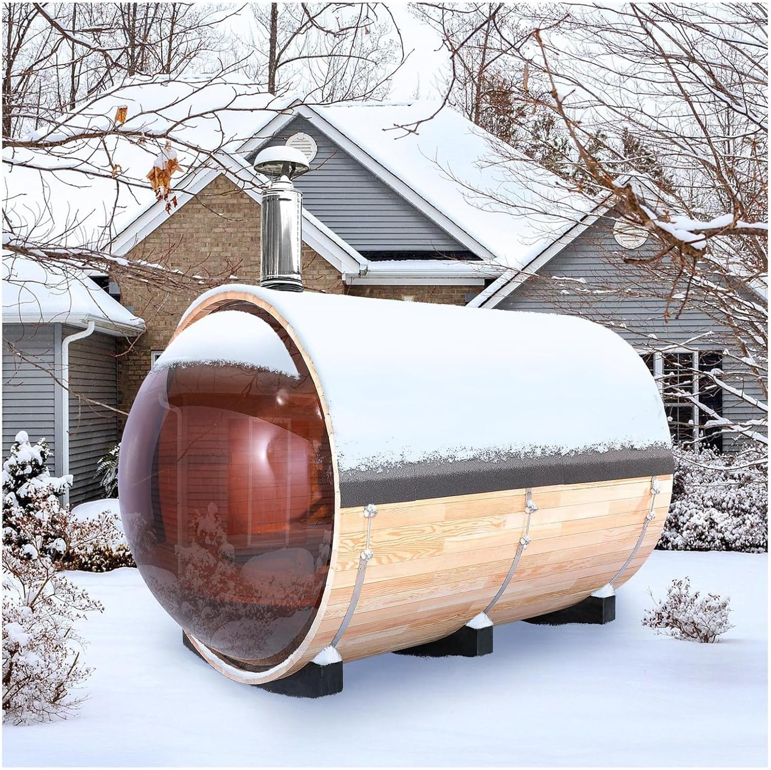 Outdoor Steam Sauna for 8 Person, Panoramic View, 6.2Ft X 7.9Ft Canadian Red Cedar Barrel Sauna with Asphalt Shingles Roof, Wood-Fired Stove, Triple Waterproof System, Chimney Kit, Rain Tarp