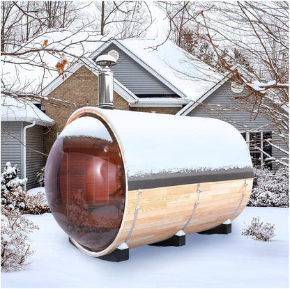 Outdoor Steam Sauna for 8 Person, Panoramic View, 6.2Ft X 7.9Ft Canadian Red Cedar Barrel Sauna with Asphalt Shingles Roof, Wood-Fired Stove, Triple Waterproof System, Chimney Kit, Rain Tarp