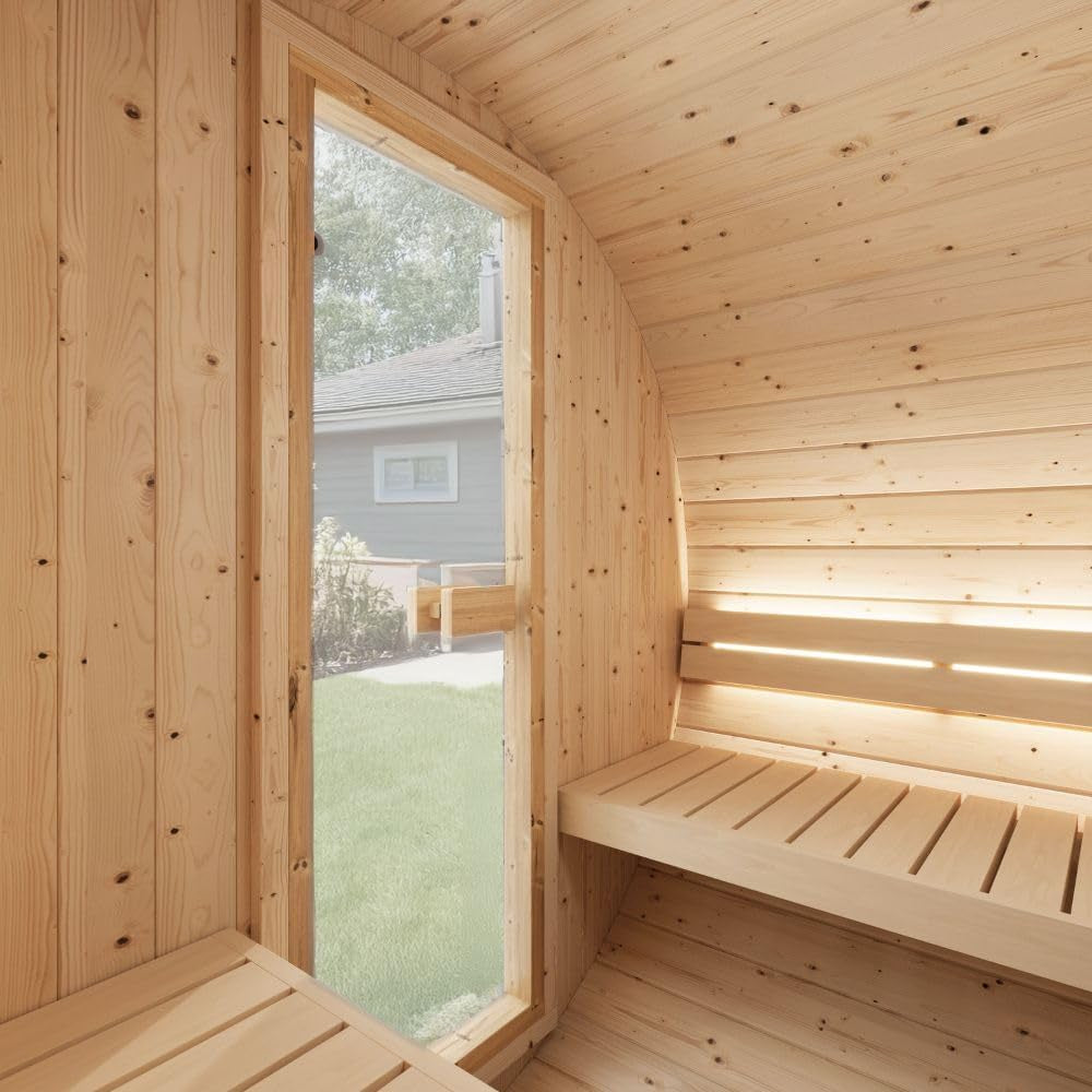 Eurosauna 2-Person Outdoor Barrel Sauna with Shingles, Lighting, & 6Kw Harvia Sauna Heater, 81X59