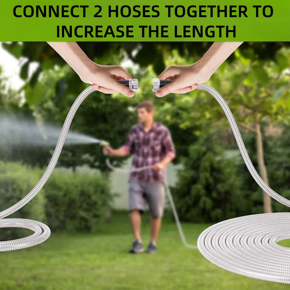 Garden Hose 100 FT,304 Stainless Steel Heavy Duty Water Hose with 7 Function Nozzles No-Kink Rust Proof for Yard Outdoor