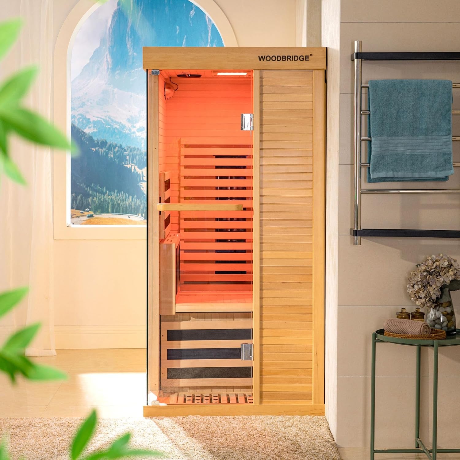 Infrared Home Sauna Room 1 Person Hemlock Wooden Indoor Sauna,7 Carbon 1560W/120V Heaters,With Led Color Therapy Light,Bluetooth Speaker,Tempered Glass,Touch-Tone Keypad and a Top Vent