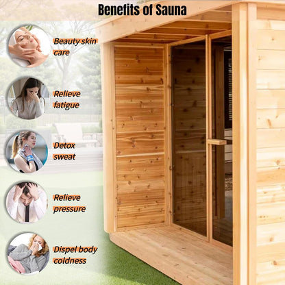 Outdoor Red Cedar Steam Sauna for 8 Person, Modern Square with Porch, Full-Glass Front, 8KW ETL Harvia Heater, LED Lighting, Waterproof Roof, Double Bench, Complete Accessories