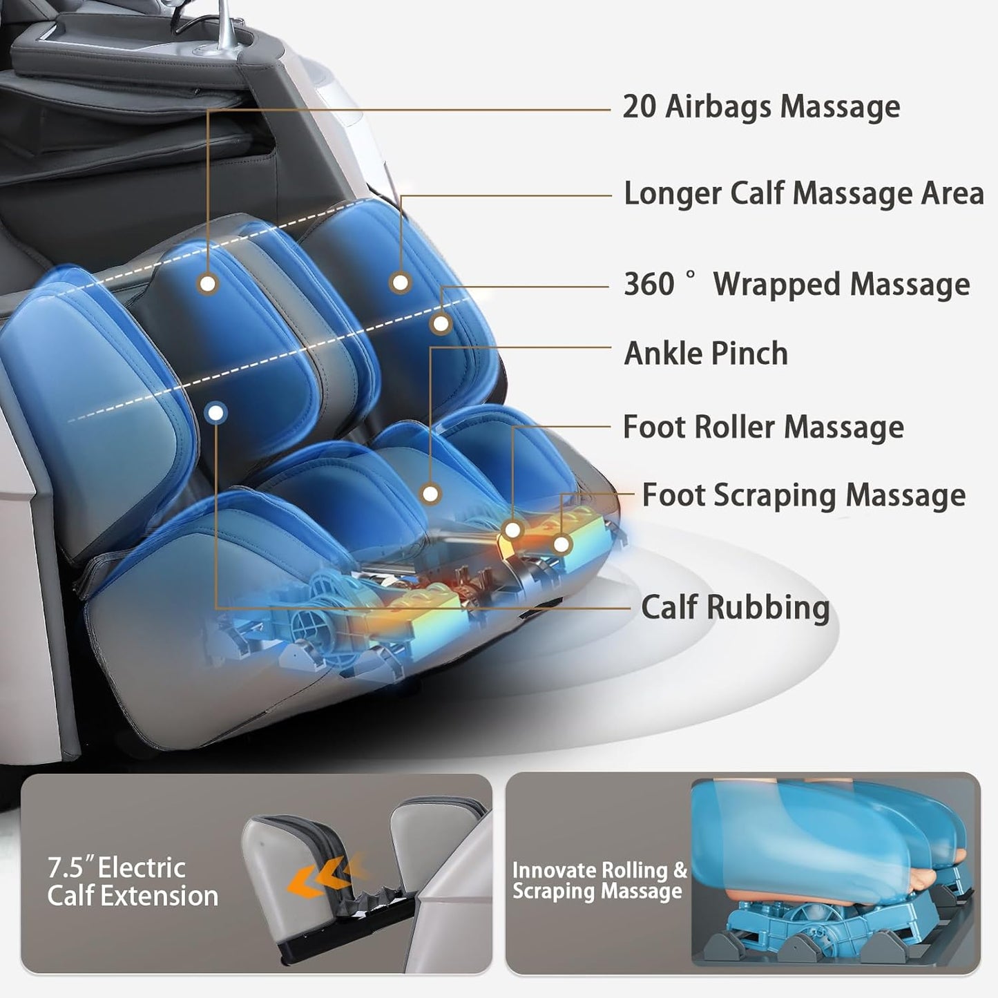 4D Massage Chair Full Body Zero Gravity Recliner - 55“ Sl-Track,20 Auto Modes,11 Massage Technique,40 Airbags Massage,With Yoga Stretch,App Control,Negative Oxygen Lons（Grey）