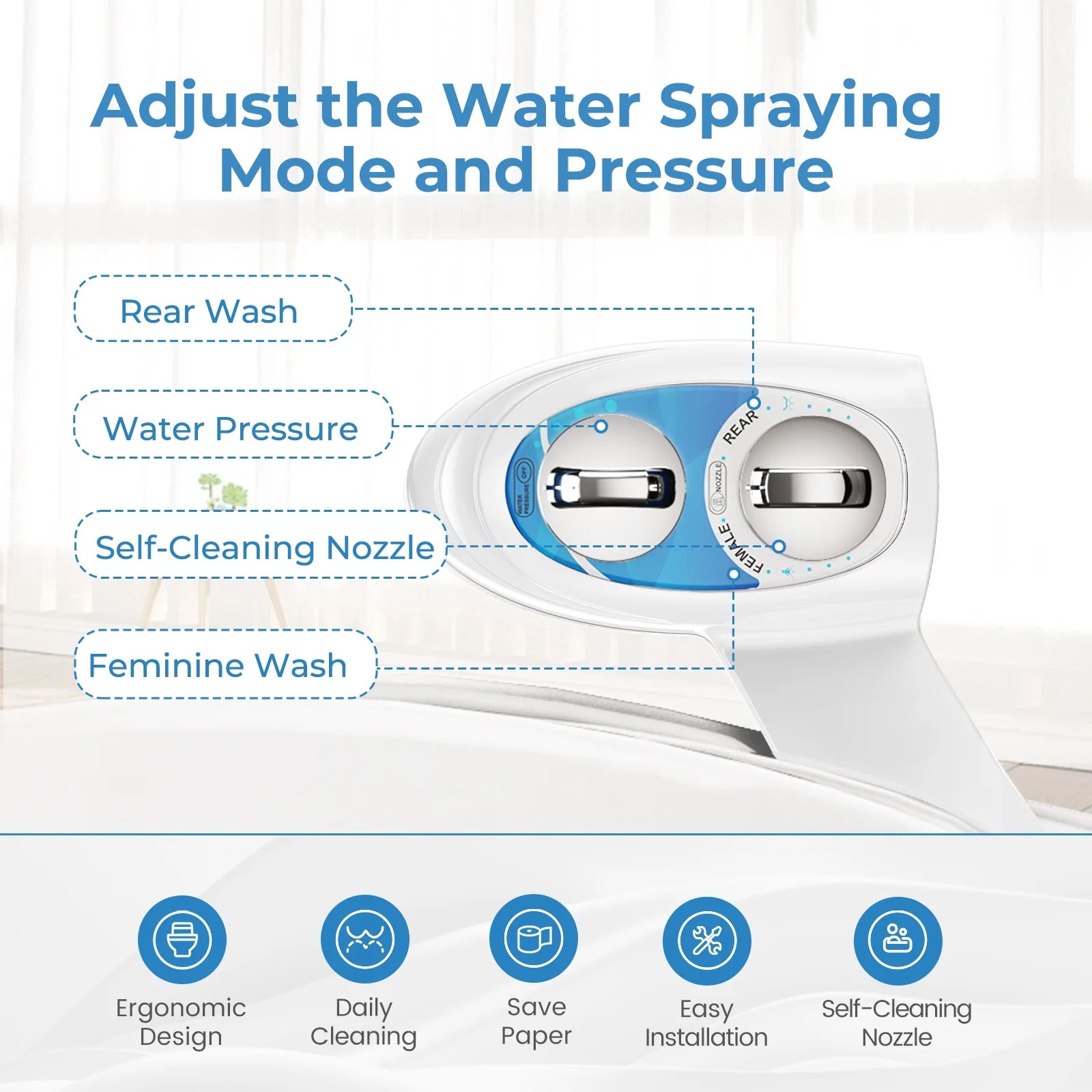 Bidet Attachment for Toilet, Non-Electric Self-Cleaning Bidet Seat Attachment, Fresh Cold Bidet Attachment for Feminine/Posterior Wash, with Adjustable Pressure Control (Blue/White)