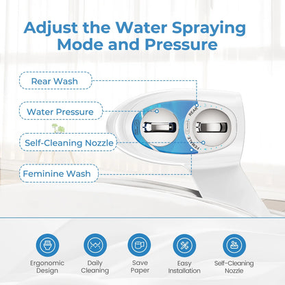 Bidet Attachment for Toilet, Non-Electric Self-Cleaning Bidet Seat Attachment, Fresh Cold Bidet Attachment for Feminine/Posterior Wash, with Adjustable Pressure Control (Blue/White)
