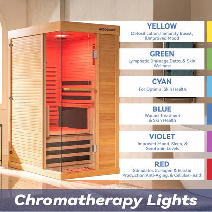 Infrared Home Sauna Room 1 Person Hemlock Wooden Indoor Sauna,7 Carbon 1560W/120V Heaters,With Led Color Therapy Light,Bluetooth Speaker,Tempered Glass,Touch-Tone Keypad and a Top Vent