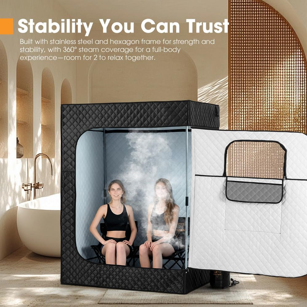 Portable Sauna for Home - 2 Person Steam Sauna Box at Home Spa with 3L 1500W Steamer, 9 Levels Heat, 90 Minute Timer, Foldable Chair, Remote Control for Indoor Outdoor