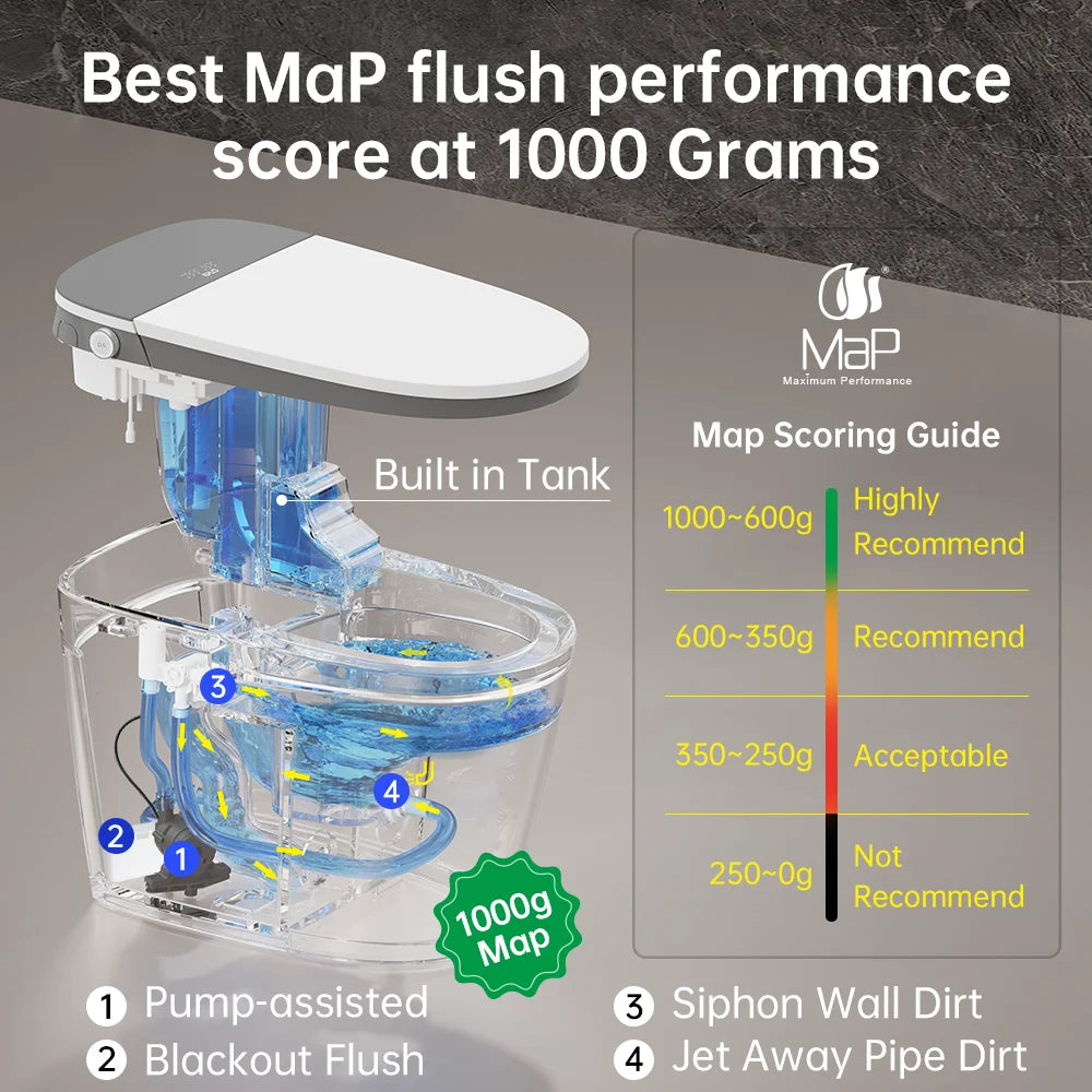 Smart Toilet Built-In Foam Shield Splash Proof & Tank, Auto Open/Close Lid,Ada Chair Height,Foot Sensor Flush