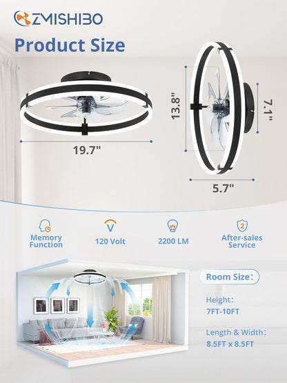 Ceiling Fans with Lights and Remote, 19.7'' Low Profile Ceiling Fan, 3000-6000K Dimmable Modern Flush Mount LED Fan Light, 6 Wind Speeds, Black Fandelier Ceiling Fans for Bedroom